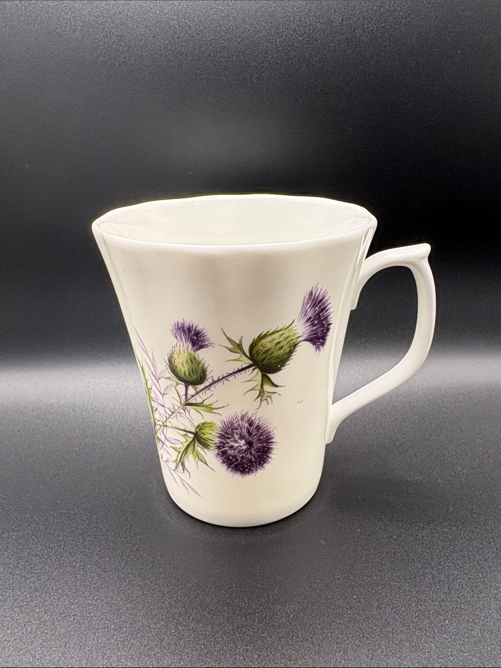 White Floral Thistle China Mug in Purple and Green